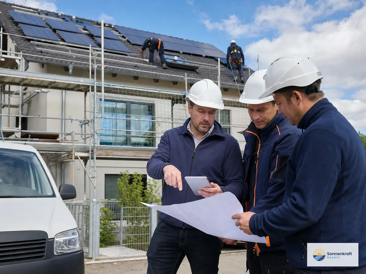 PV-Projektteam bespricht Unterlagen vor einer Baustelle in Bayern.