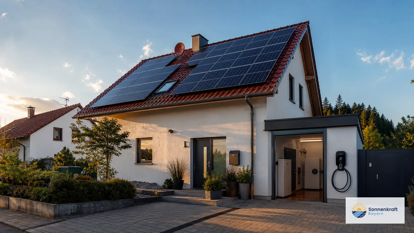 Wohnhaus mit fertiger Photovoltaik-Anlage, Wallbox und Wärmepumpe.