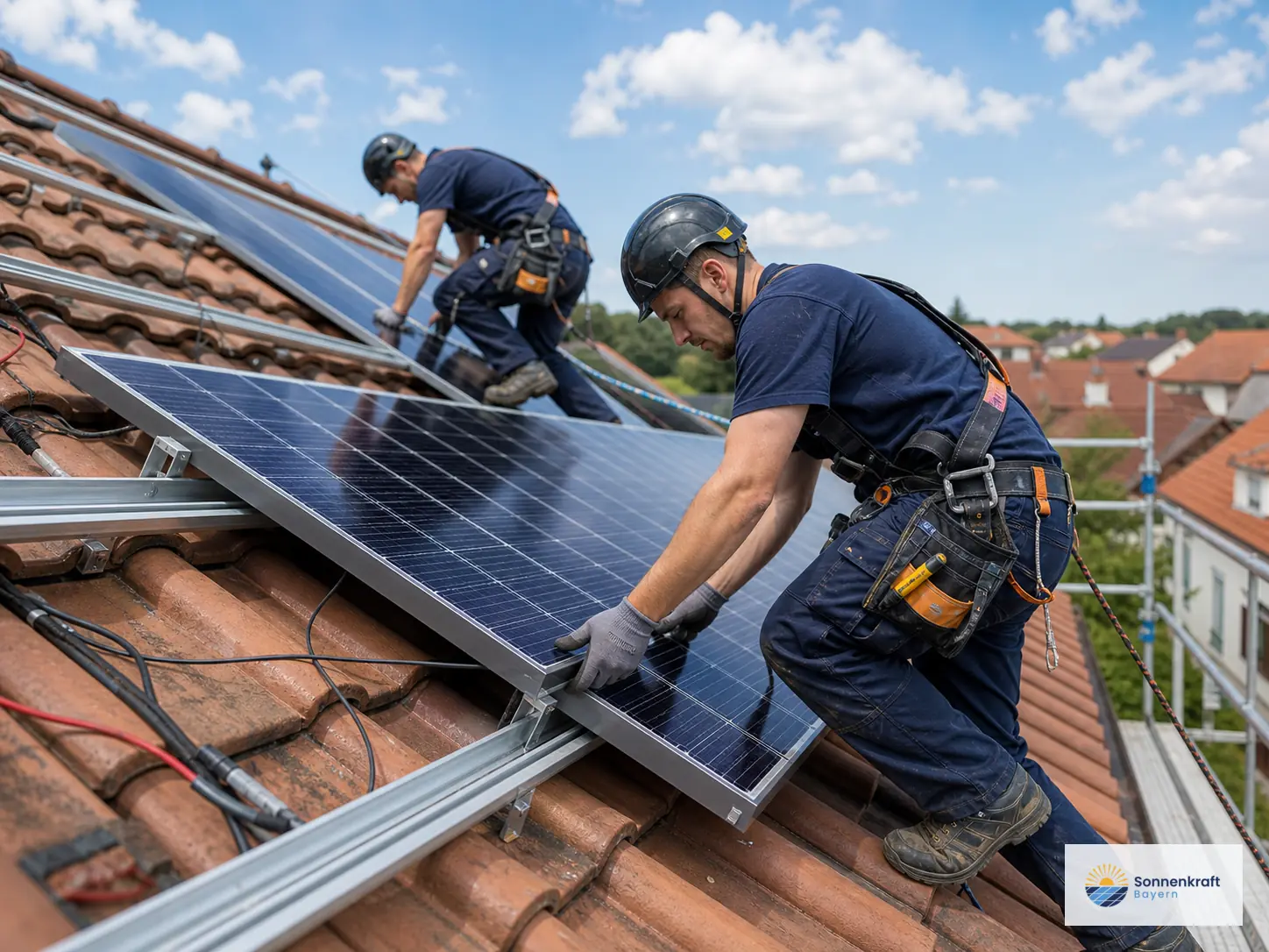 PV-Monteure setzen ein Solarmodul auf Montageschienen.