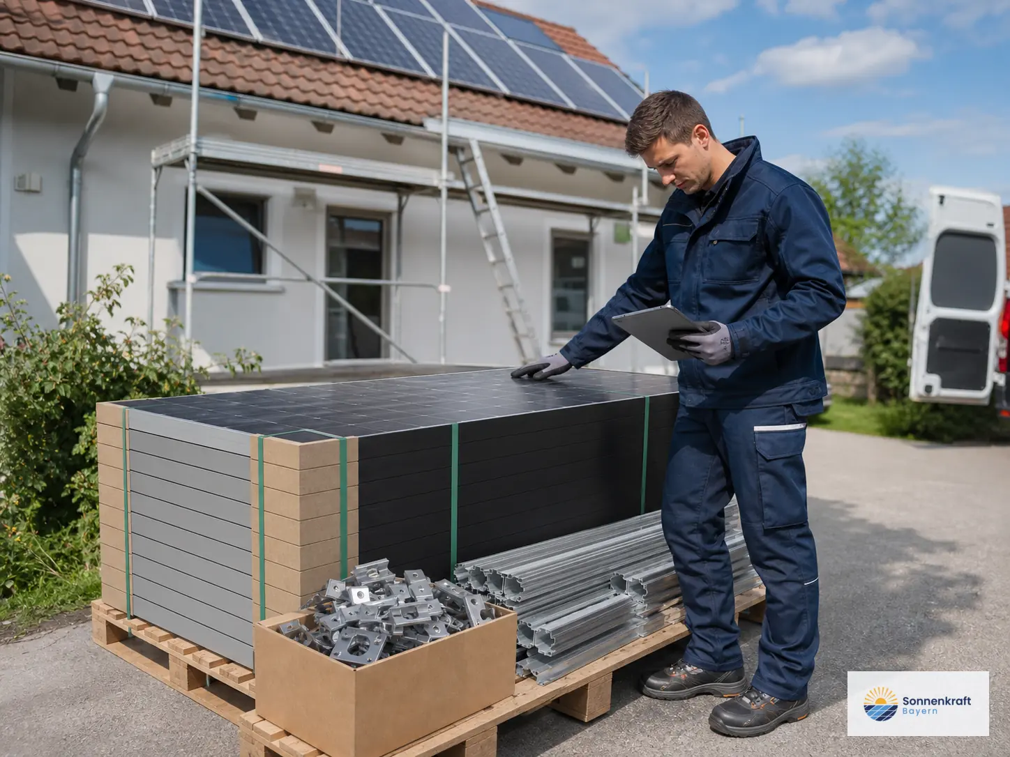 PV-Techniker prüft angelieferte Solarmodule auf Paletten.