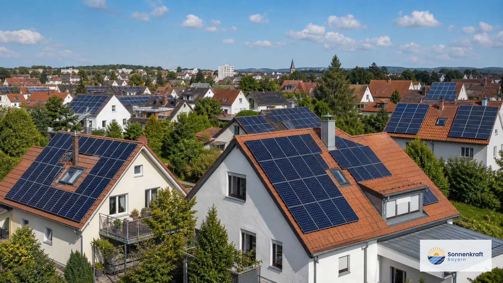 Mehrere Wohnhäuser mit Photovoltaik-Anlagen als generischer Referenzeinstieg.